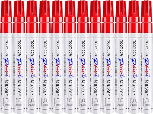 Paint Pens Paint Markers Red - 12 Pack Permanent Markers Oil Based for Metal Wood, Pens for Metal, Car Tyre,Plastic, Ceramic, Plastic, Canvas, Rock Painting, Glass, Craft Supplies