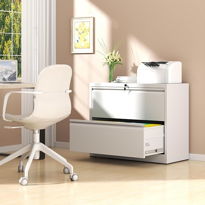 File Cabinet with Lock, 2 Drawer Lateral Filing Cabinet for Home Office, White Metal Heavy Duty File Cabinets for Hanging Letter/Legal/F4/A4 Size Files, Assembly Required