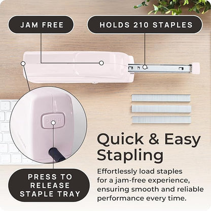 Portable Automatic Electric Stapler Pro - 30 Sheet Capacity, Quiet Operation, Jam-Free and Easy Reload - AC Adapter/Battery Powered (Pink)