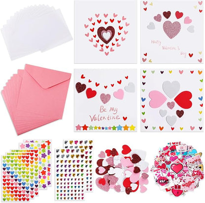 Zonon 32 Pack Valentines Crafts Set, Valentines DIY Card Valentines's Day Kits for Kids Girls Boys Foam Heart Sticker Craft DIY Kits Sticker Envelopes Cards Set for Classroom Exchange Gifts (Pink)