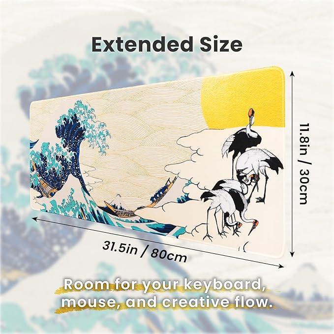 BELLEMOND Japanese Art Desk Mat | Large 31.5x11.8in Desk Pad | Mouse Pad for Keyboard & Mouse | Non-Slip Base, Water-Repellent, Smooth Precision | Waves of Harmony