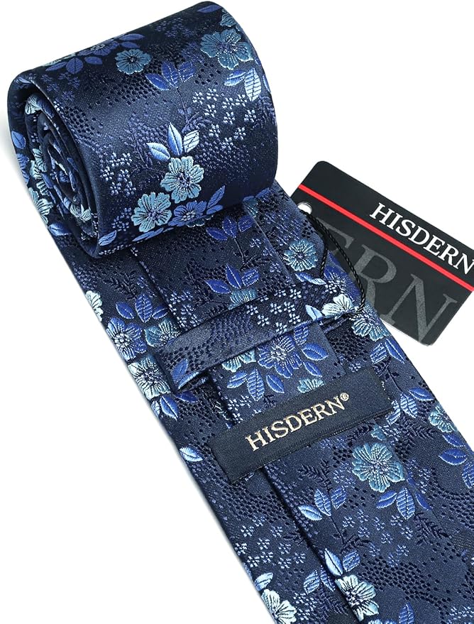 HISDERN Men Floral Ties Woven Classic 3.4" Necktie Set Formal Tie Pocket Square for Wedding with Handkerchief Gift Box