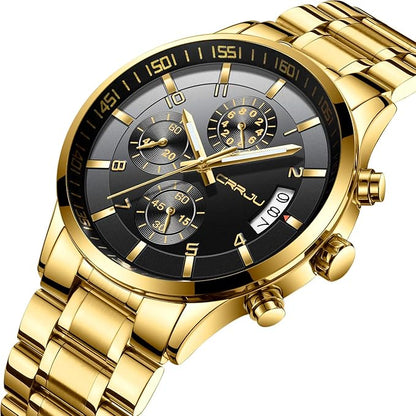 CRRJU Men's Fashion Stainless Steel Watches Date Waterproof Chronograph Wristwatches,Black Steel Band Waterproof Quartz Watch for Men