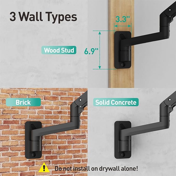 WALI Monitor Wall Mount for 17-49 Inch Ultrawide Screens, Heavy Duty Single Monitors Mount Holds 44 lbs, Full Adjustable Gas Spring Wall Mount Monitor Arm, 75x75/100x100mm VESA (GSWM001XL-P), Black