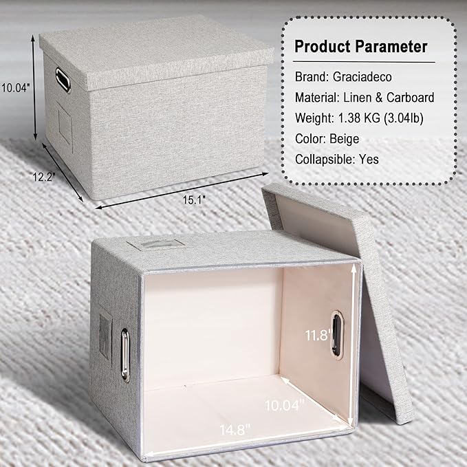 4-Pack Modern Minimalist Beige Collapsible Linen File Folder Box Office Document Storage Filing Bin with Lid for Letter Legal Size Hanging Folders