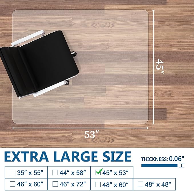 Office Chair Mat for Hardwood Floor, 45” x 53” Large Chair Mats, Under Desk Chair Mat for Rolling Chairs, Easy Glide Desk Floor Mat for Home Office (Rectangle)