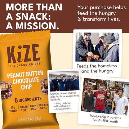 KiZE Energy Bars - Peanut Butter Chocolate Chip - Gluten Free, Dairy Free, Non-GMO, and High Protein Meal Replacement Energy Bars, Clean and Simple Food Ingredients - 10g High Protein Snacks, (10 Count)