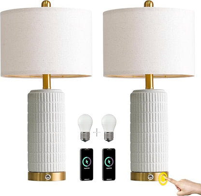 PoKat Touch Bedside Table Lamps with USB Ports for Bedroom, 25'' Dimmable Nightstand Touch Lamps for Night Stands, White Stone-Like Ceramic Lamps with Gold Base for Living Room End Side Table