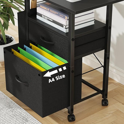 GYIIYUO 2 Drawer File Cabinet with 24'' Extended Desktop, Mobile Filing Cabinet, Rolling File Cabinet with Side Bag, Fabric Drawer, Fits A4 Size, Home Office, Black