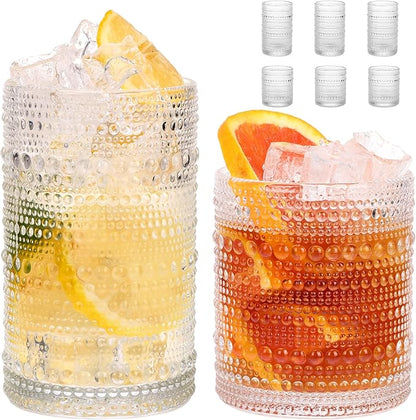 Moretoes Hobnail Drinking Glasses Set of 6, 12 Oz Highball Glasses & 10 Oz Cocktail Glasses, Clear Embossed Boho Glass Cups Kitchen Bar Tumbler Glassware Set for Whiskey, Beer, Juice, Milk (Clear)