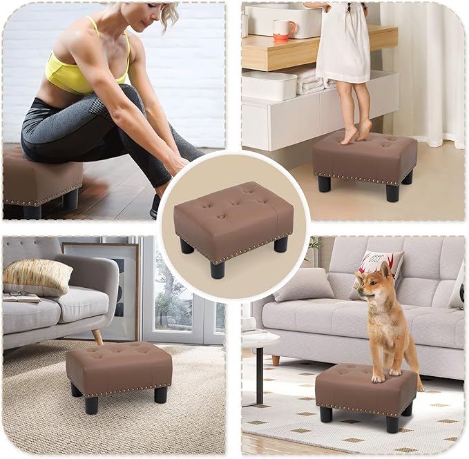 Athena Collection Small Ottoman Foot Rest with Legs, PU Leather Ottoman Foot Stool with Soft Padded seat, Square Footstool FootRest for Living Room, Bedroom, Office, Brown