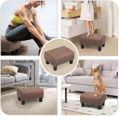 Athena Collection Small Ottoman Foot Rest with Legs, PU Leather Ottoman Foot Stool with Soft Padded seat, Square Footstool FootRest for Living Room, Bedroom, Office, Brown