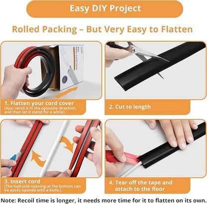 5ft Cord Cover Floor for Extension Cords, Self-Adhesive Floor Cable Cover to Protect Cables & Prevent Tripping, PVC Cord Hider Protector, Internal Wire Management Channel Diameter: 0.39",Brown