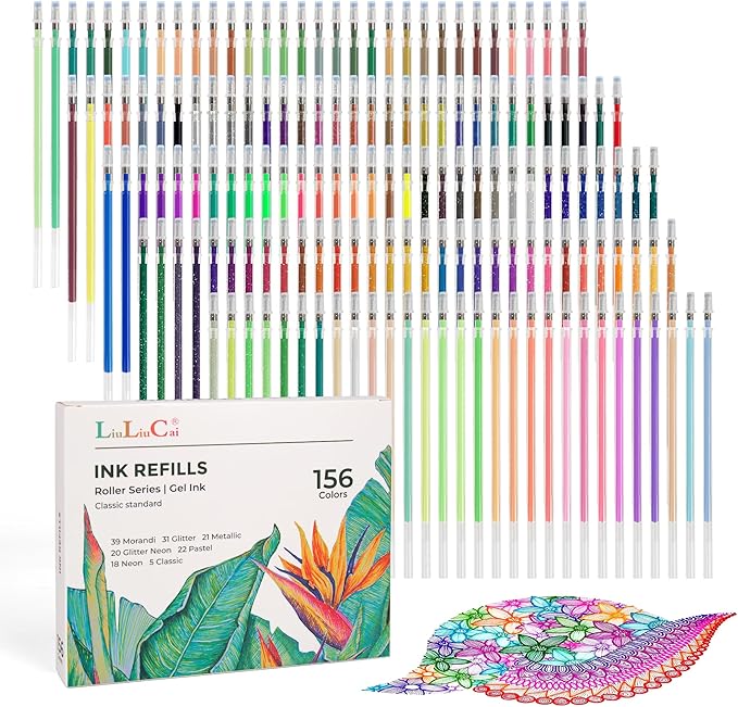 Gel Pens Ink Refills for Adult Coloring Book, 156 Pack Artist Colored Pens Refills with 40% More Ink, Glitter Gel Pens and Coloring Book, Perfect Art Supplies for Adults for Coloring