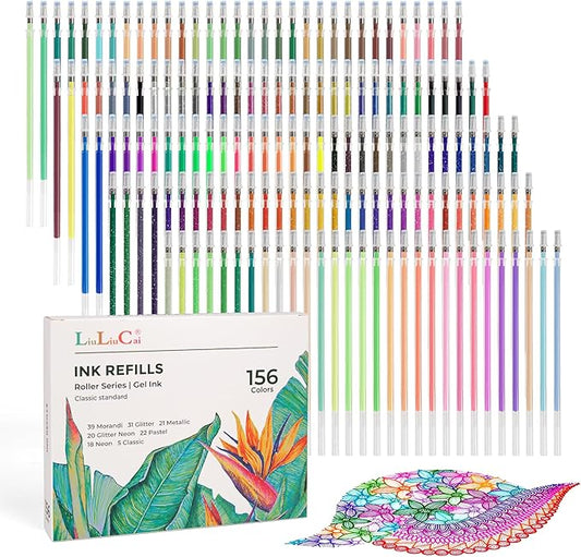 Gel Pens Ink Refills for Adult Coloring Book, 156 Pack Artist Colored Pens Refills with 40% More Ink, Glitter Gel Pens and Coloring Book, Perfect Art Supplies for Adults for Coloring