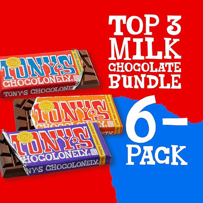 Tony's Chocolonely - Top 3 Milk Chocolate Bundle - Belgium Chocolate Halloween Candy Bar, No Artificial Flavoring, Fairtrade & B Corp Certified - 6.35 Oz, 6 Bars