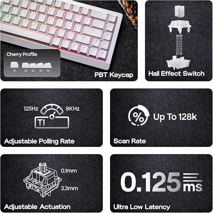 EPOMAKER HE68 Lite Hall Effect Gaming Keyboard, 8k Polling & 128K Scan Rate, 0.01mm Adjustable Trigger, 0.125ms Latency, 5-Layer Sound-Dampened, Snap Key, SOCD, A-RGB, Wired, Mac Software (White)