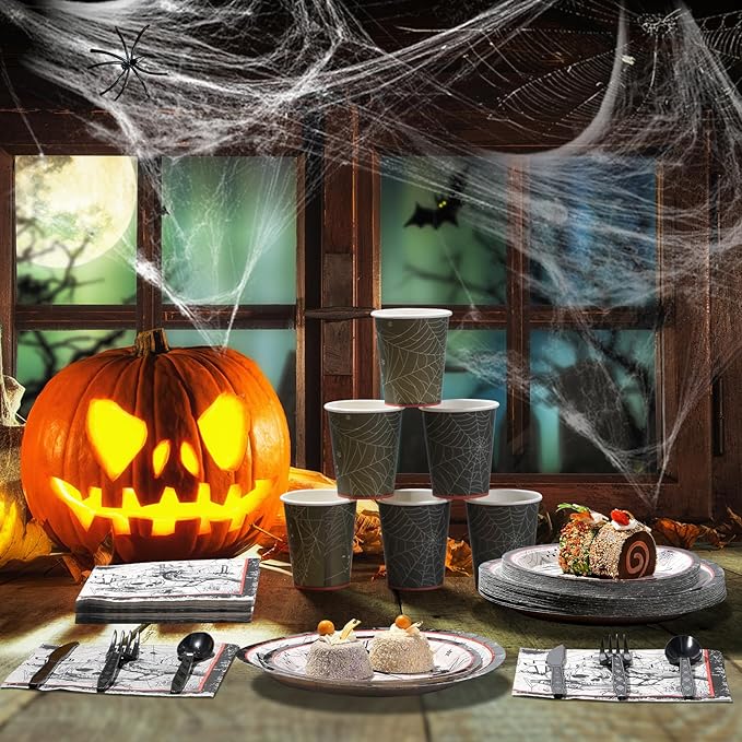 Halloween Party Plates Supplies,Disposable Vintage Skull,Spider Web Tableware Paper Plates and Napkins Cups Knives Spoons Forks for Halloween Birthday Baby Shower Party Decorations,Serve 25 Guests