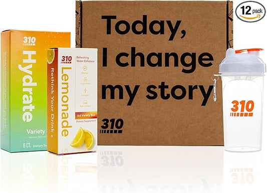 310 Nutrition Daily Energy & Hydration Holiday Gift Box Starter Kit - Includes 6 Servings of Lemonade and 6 Servings Hydrate Variety with Shaker Cup