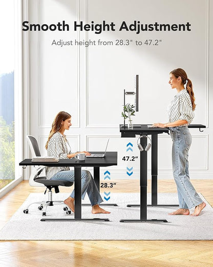 HUANUO 63" x 40" L-Shaped Electric Standing Desk Dual Motor, Corner Electric Height Adjustable Computer Desk with Cable Tray & 3 Preset Heights, Raising Desk for Home Office, Black,