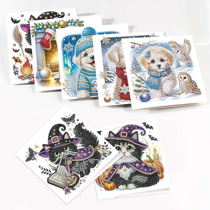 8pcs Diamond Painting Greeting Cards- Christmas Puppy & Halloween Kitten Cards for Blessings and Wishes, Special Shape Crystal Partial, Paper Material, DIY Gifts for Christmas Day Halloween