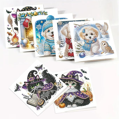 8pcs Diamond Painting Greeting Cards- Christmas Puppy & Halloween Kitten Cards for Blessings and Wishes, Special Shape Crystal Partial, Paper Material, DIY Gifts for Christmas Day Halloween