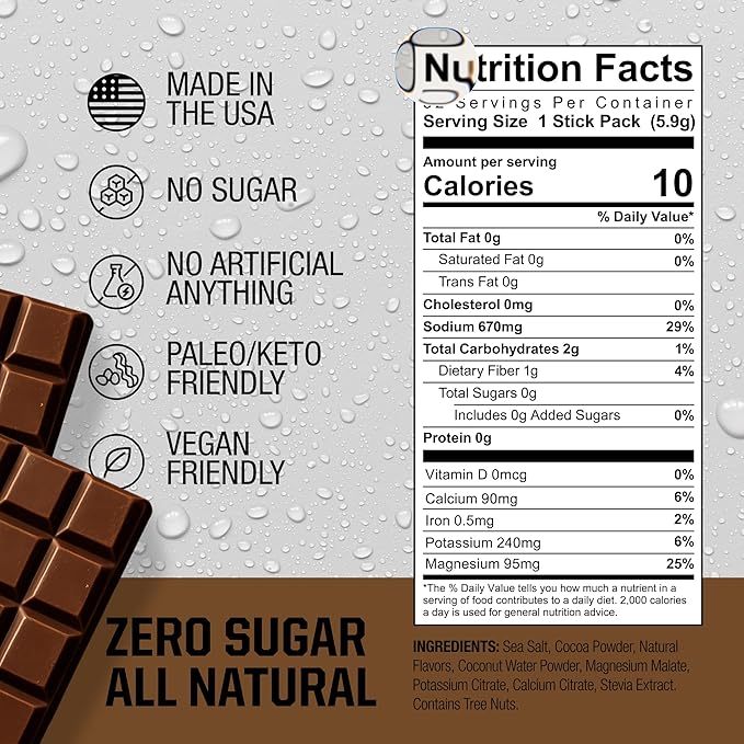Fire Science Fire Salt Hydration Sticks, Electrolytes & Coconut Water, Hydration Drink Mix with Magnesium, Potassium & Sodium, Zero Sugar, Single Serve On The Go Packs, Chocolate Flavor, 32 Count