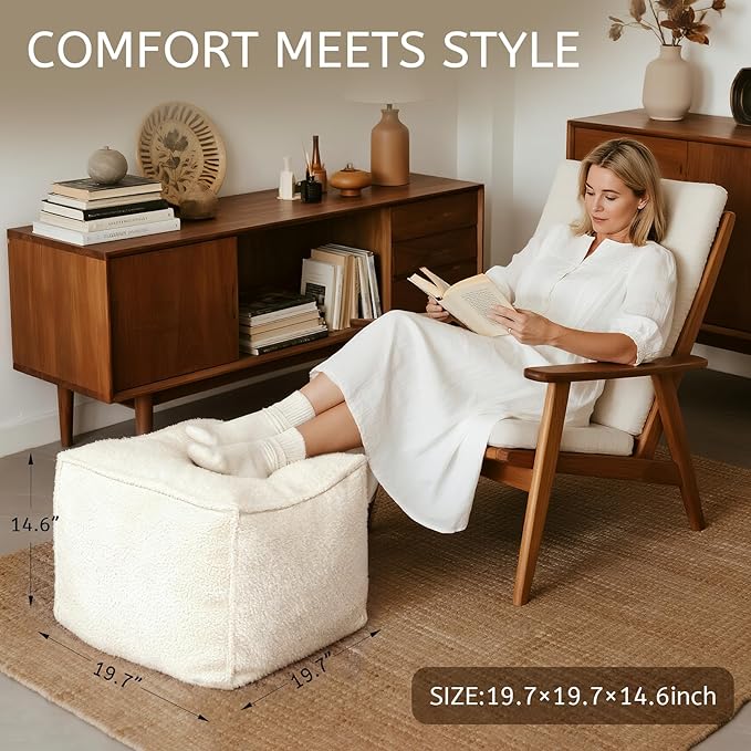Square Boucle Pouf Ottoman Footrest – Soft & Lightweight Footstool with Foam Filling for Living Room & Bedroom, Laid-Back Lounge Style