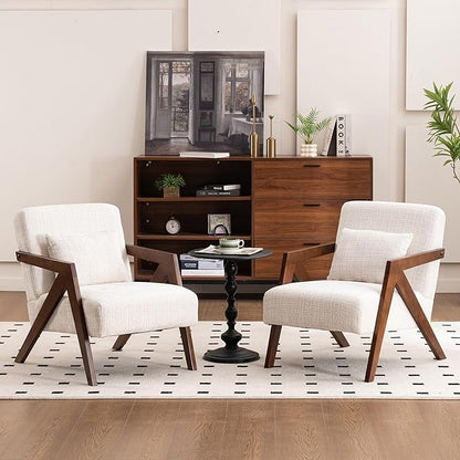 Mid Century Modern Accent Chair with Solid Wood Frame，Upholstered Chenille Living Room Arm Chairs with Pillow for Bedroom, Living Room, Reading Room, Balcony (2, Beige)