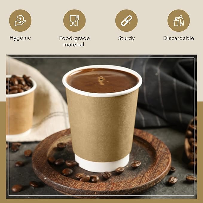 three leaf 12 Oz. Disposable Paper Cups, (Brown) 200 Ct. (8 Packs Of 25), Hot/Cold Cup For Coffee, Water, Tea, Juice, Picnic, Party, Travel And Events