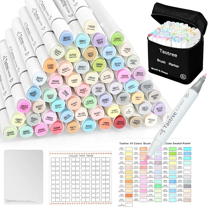 Taotree Alcohol Markers Brush Tip, 61 Pastel Colors Brush Markers Dual Tip Coloring Markers Pens, Brush & Fine Tip Sketch, Drawing Art Supplies Gift for Artist Adult Coloring Book Painting, Sketching