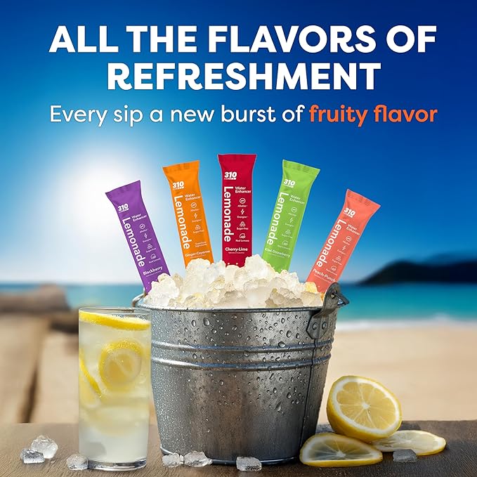 310 Nutrition Lemonade Sugar-Free Water Flavoring Packets - Powdered Drink Mixes & Flavorings with Alkalizing Minerals - Water Enhancer Packets for Energy & Instant Hydration - Variety 30 Singles
