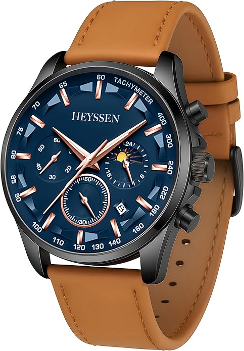 Watches for Men Chronograph Analog Luminous Quartz Watch Blue Black Luxury Genuine Leather Mens Watches Business Sports Waterproof Wristwatch Elegant Gift for Him