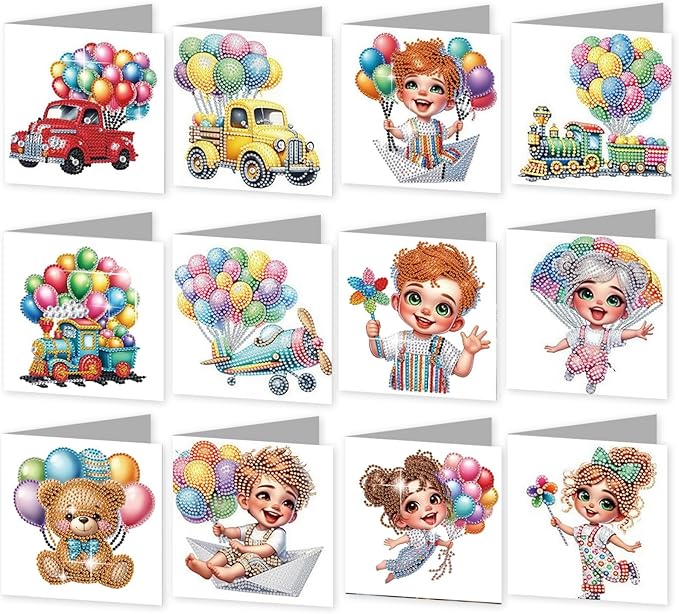 jinglinhh 12pcs Diamond Art Painting Balloon Pickup Truck Train Greeting Cards with Envelopes, DIY Card Making Kits for Adults, Diamond Art Christmas Cards for Birthday Holiday Postcards Craft Gifts