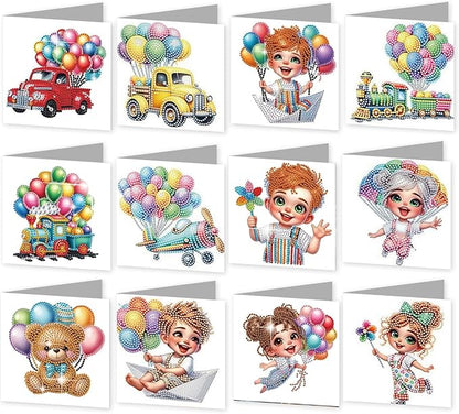 jinglinhh 12pcs Diamond Art Painting Balloon Pickup Truck Train Greeting Cards with Envelopes, DIY Card Making Kits for Adults, Diamond Art Christmas Cards for Birthday Holiday Postcards Craft Gifts