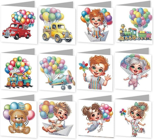 jinglinhh 12pcs Diamond Art Painting Balloon Pickup Truck Train Greeting Cards with Envelopes, DIY Card Making Kits for Adults, Diamond Art Christmas Cards for Birthday Holiday Postcards Craft Gifts