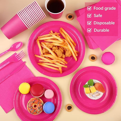 durony 350 Pieces Hot Pink Paper Dinnerware Set 7 Inch 9 Inch Disposable Dinner Plates Serve 50 Guests Paper Cup Cutlery Napkins Solid Color Party Supplies for Birthday Wedding Party Family Picnic