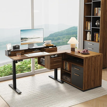 47.2'' Standing Desk with File Cabinet, Height Adjustable Electric Sit Stand Desk, Lateral File Cabinet, Computer Workstation for Home Office, Black Walnut