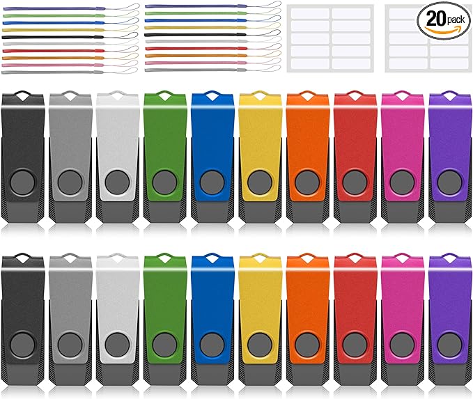 USB Flash Drives 20 Pack 1GB Flash Drive AGECASH A USB 2.0 Thumb Drive Jump Zip Drive Flashdrive Memory Stick Pendrive for Data Storage & Transfer with 20PCS Lanyard (Multi-Colored 1GB)