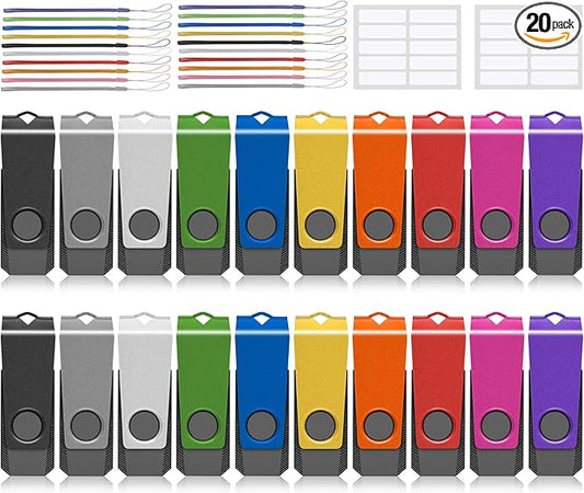 Thumb Drive AGECASH Bulk 20Pack 128MB USB Flash Drive, USB 2.0 Flash Drive Pack of 20, Swivel Pen Drive USB Memory Stick Memoria USB Key Zip Jump Drives with Lanyards & Lables (Not 128GB, Mixcolor)