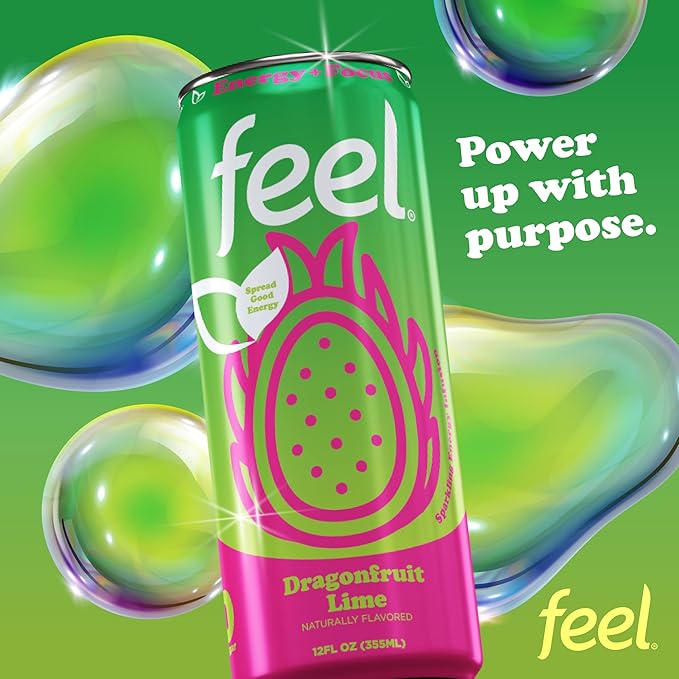 FEEL Zero Sugar Natural Energy Drink – Dragonfruit Lime, 140 mg Plant-Based Caffeine with L-Theanine for Focus & Vitamin C for Immunity, Vegan, Non-GMO, No Artificial Sweeteners, 12 Fl Oz Cans (12-Pack)
