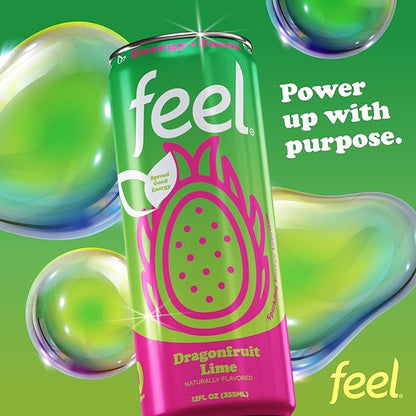 FEEL Zero Sugar Natural Energy Drink – Dragonfruit Lime, 140 mg Plant-Based Caffeine with L-Theanine for Focus & Vitamin C for Immunity, Vegan, Non-GMO, No Artificial Sweeteners, 12 Fl Oz Cans (12-Pack)