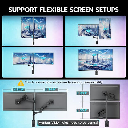 ARES WING Dual Monitor Wall Mount for 17-49 Inch Ultrawide Screens, Heavy Duty Wall Mount Monitor Arm Holds 44 lbs Each, Fully Adjustable Gas Spring Monitor Arm, 75x75/100x100 VESA Mount, Black