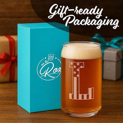 Monogram Beer Glasses for Men (A-Z) 16 oz - Beer Gifts for Men Brother Son Dad Neighbor - Unique Gifts for Him - Personalized Drinking Gift Beer Glass Mugs - Engraved Beer Can Glass (L)