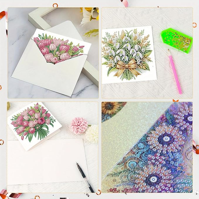 6pcs Diamond Art Painting Greeting Card Kit, DIY flowers Diamond Art Greeting Cards for Blessings and Wishes Special Shaped Diamond Greeting Card Arts Crafts for Christmas Birthday Thanksgiving Day