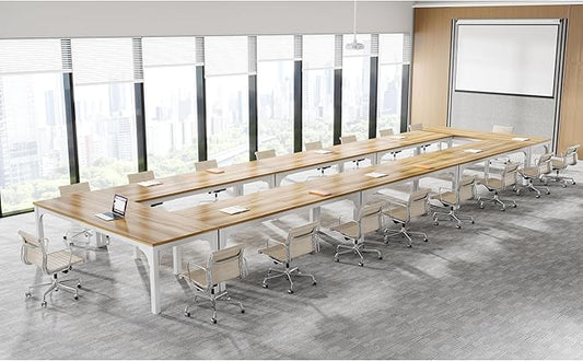 Conference Table, Super Sturdy Large Rectangle Meeting Seminar Table, Long Business Tables, Light Walnut, 8Pcs