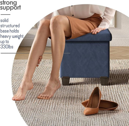 STORAGEBUD Storage Ottoman Cube with Small Bin, 16-in Square Ottoman with Storage for Living Room and Bedroom, Small Ottomans Foot Rest, Faux Leather Foot Stools Ottomans Max 330lbs, Blue