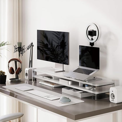 Fenge Acrylic Monitor Stand Riser, Clear Dual Acrylic Computer Monitor Stand for 2 Monitors, 2 Tier Wood Office Desk Storage Organizer for Laptop, Computer, TV Stand