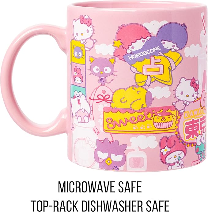 Silver Buffalo Sanrio Hello Kitty and Friends Kawaii Tokyo Theme Featuring Little Twin Stars, Chococat, My Melody, Keroppi, Badtz-Maru, and Pompompurin Ceramic Mug, 20 Ounces