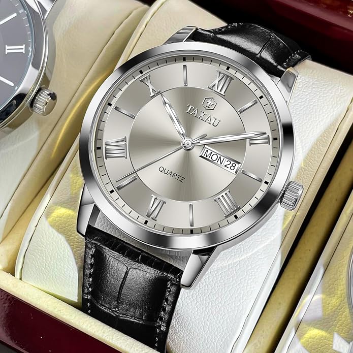 Mens Watches Luxury Dress Waterproof Leather Watch with Date Day Analog Quartz Large Number Wrist Watch Casual Classic Luminous Scales Big Face Easy Read Reloj para Hombre